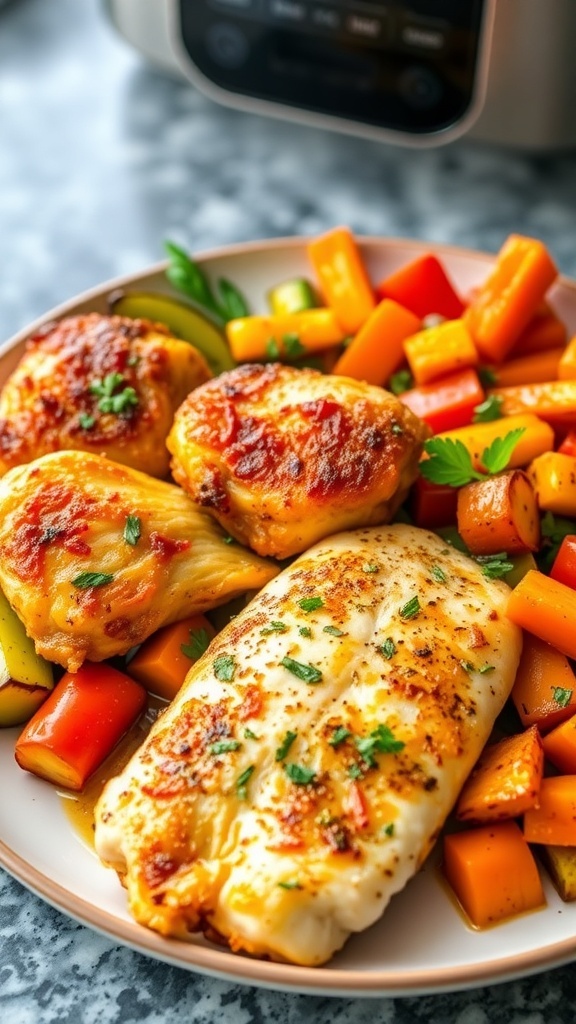 Quick and Easy Air Fryer Dinner Meals Crispy air-fried chicken thighs, roasted vegetables, and fish fillet on a plate, garnished with herbs.